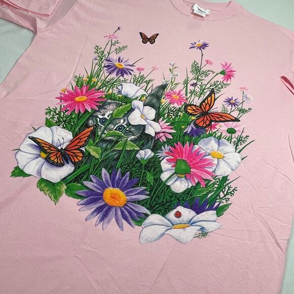 VTG 90s Kittens Flowers Night Gown T-Shirt size XL Pink Creative Concepts - Picture 4 of 7